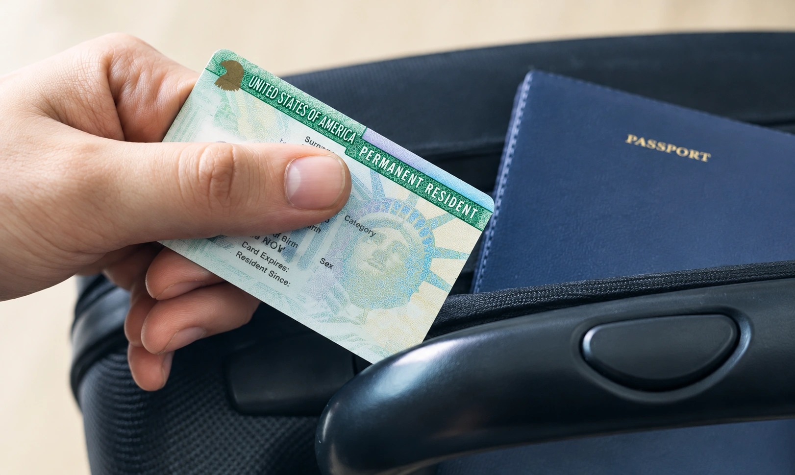 A hand holding a U.S. permanent resident card beside a blue passport on a suitcase